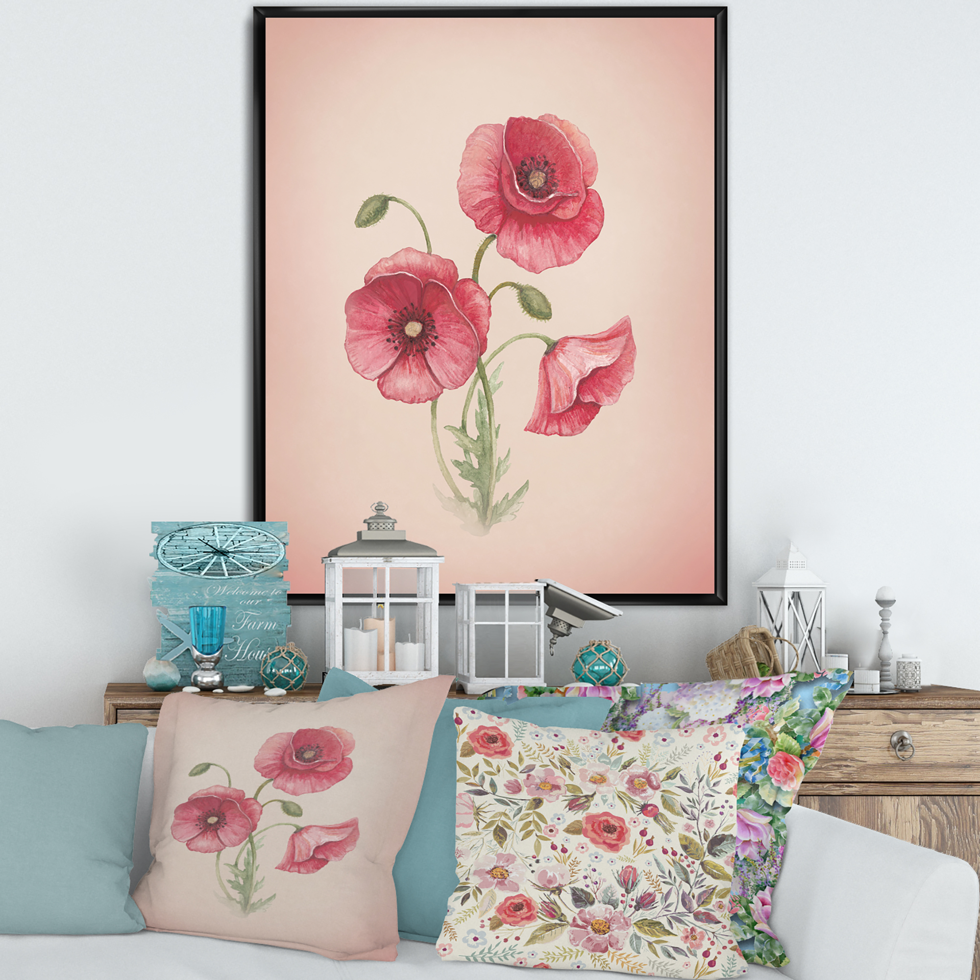 Designart 'Poppy Retro Flowers' Vintage Framed Canvas Wall Art Print