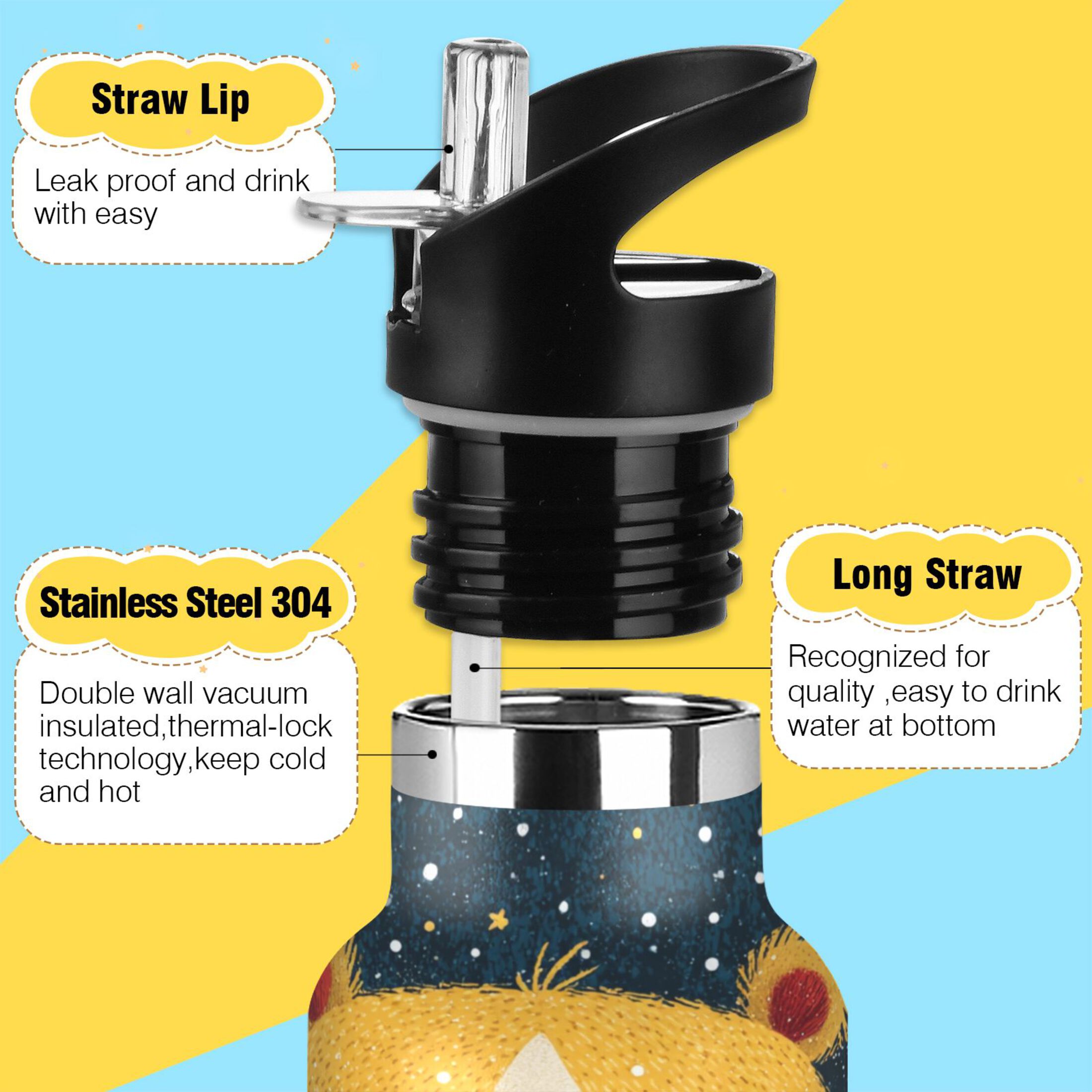 600ML Stainless Steel Insulated Cup Sports Water Bottle Portable Thermos Cup Water Glasses Insulated Tumblers Convenient and Durable Christmas Yellow Bear