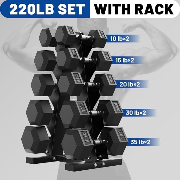 ROALW 220 lb Hex Dumbbell Set with Rack (10/15/20/30/35 lb), Home Gym