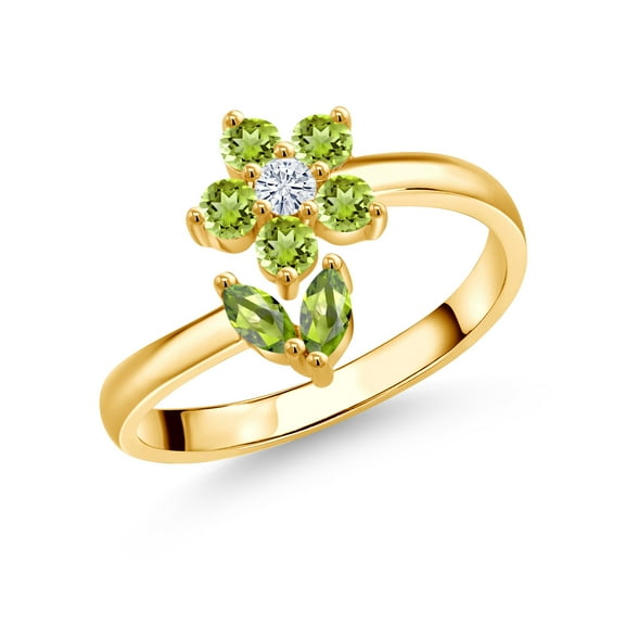 Gem Stone King 18K Yellow Gold Plated Silver Green Peridot and White Moissanite Flower Open Ring for Women (0.59 Cttw, Gemstone August Birthstone, Size 6)