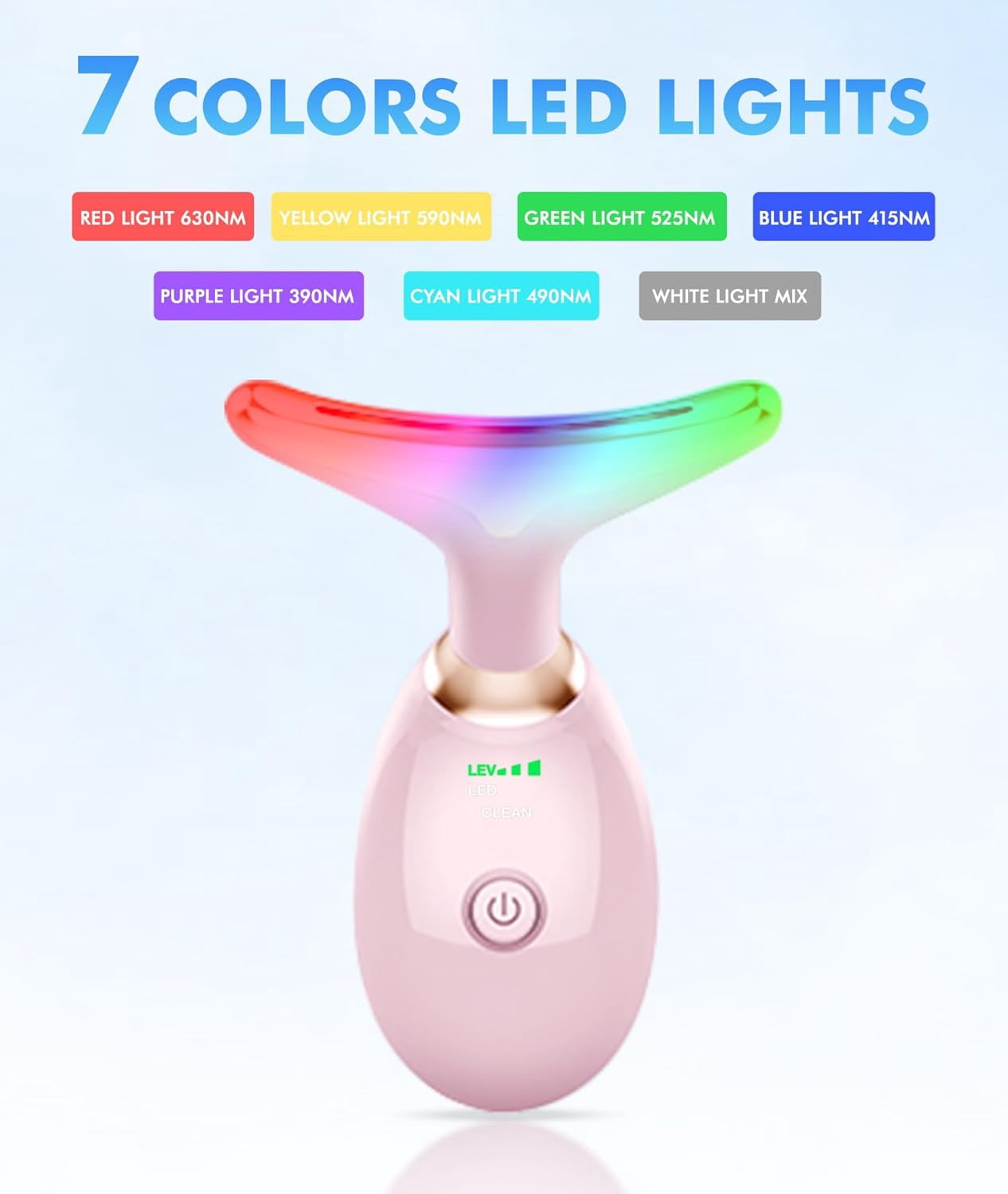 Red-Light-Therapy-for-Face-and-Neck, 7 Color Face Massager Tool for Wrinkles, Double Chin, Vibrating Facial Massager with Thermals for Skin Care, Glossy Pink