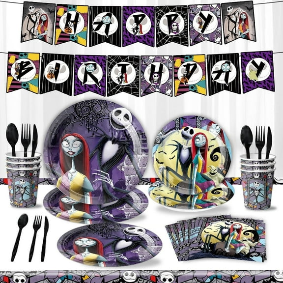 The Nightmare Before Christmas birthday party decoration supplies,Jack and Sally party supplies include tablecloths, banners, plates, napkins, cups, party decorations for girls and kids