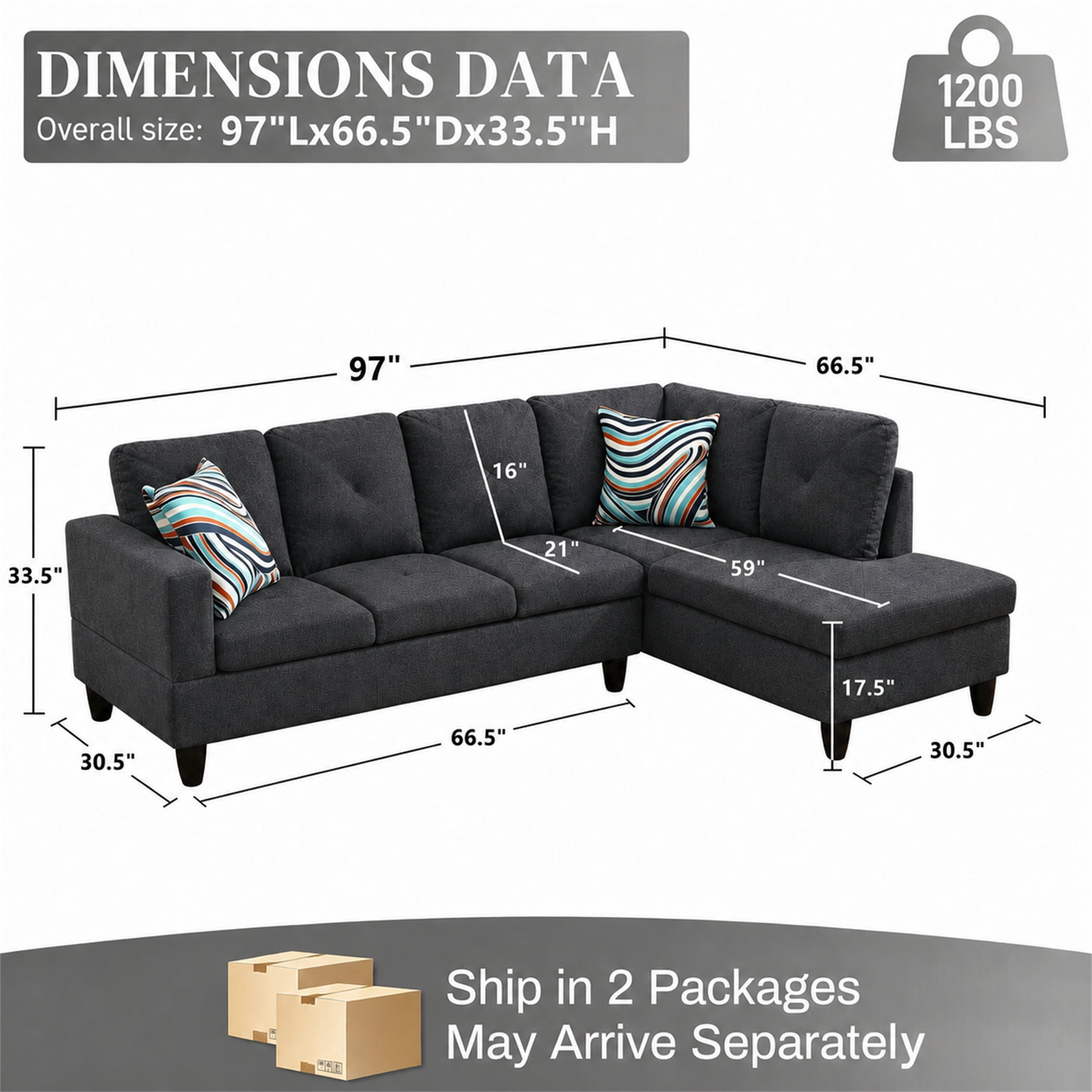 Aukfa 97" Classic Sectional Sofa 4 Seat L shape Couch for Living Room, 2Pillows, Oversized Right Chaise, Linen, Black Gray