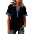 thumbnail image 5 of Denim Collared Shirt Women Short Sleeve Patchwork Denim Button Casual Shirts Business Casual Work Tops Summer Outfits Black M, 5 of 5