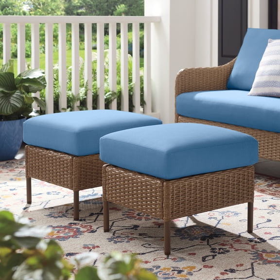 Mainstays Chelsea 2 Pieces Outdoor Patio Ottoman with Blue Cushions