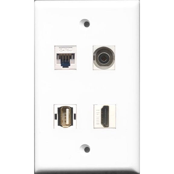 RiteAV - 1 Port HDMI and 1 Port USB A-A and 1 Port 3.5mm and 1 Port Cat5e Ethernet White Wall Plate