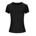 thumbnail image 4 of Women's Ribbed Knit Crewneck Tee, Short Sleeve Slim Fit Stretch Solid Color Summer Top,Black,XL, 4 of 9