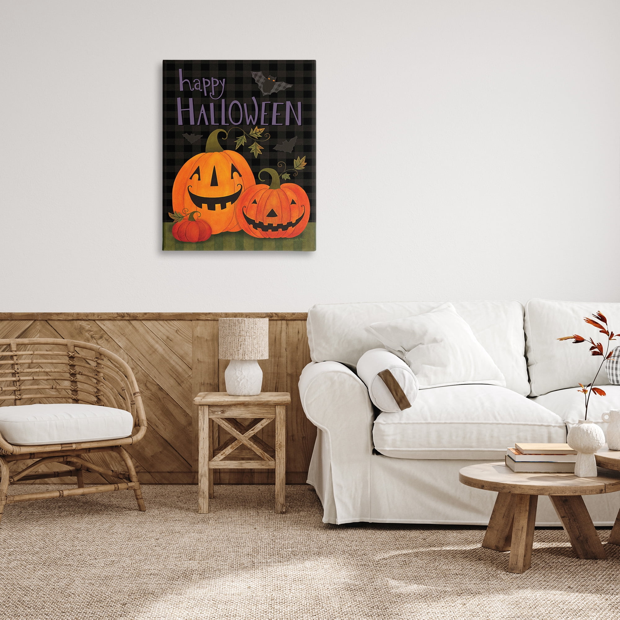 Stupell Industries Pumpkins & Bat on Plaid Holiday Painting Gallery Wrapped Canvas Art Print Wall Art, 30 x 40