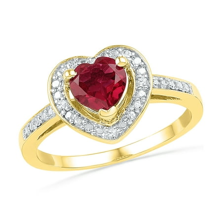 - Size - 7 - Solid 10k Yellow Gold Heart Round Red Simulated Ruby And White Diamond Engagement Ring OR Fashion Band Prong Set Solitaire Shaped Halo Ring (.03 cttw)