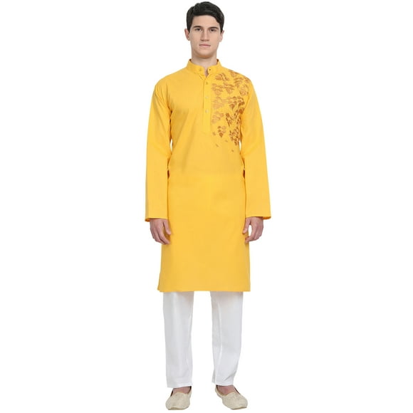 SKAVIJ Kurta Pajama Set for Men Embroidered Cotton Wedding Party Dress Gold S