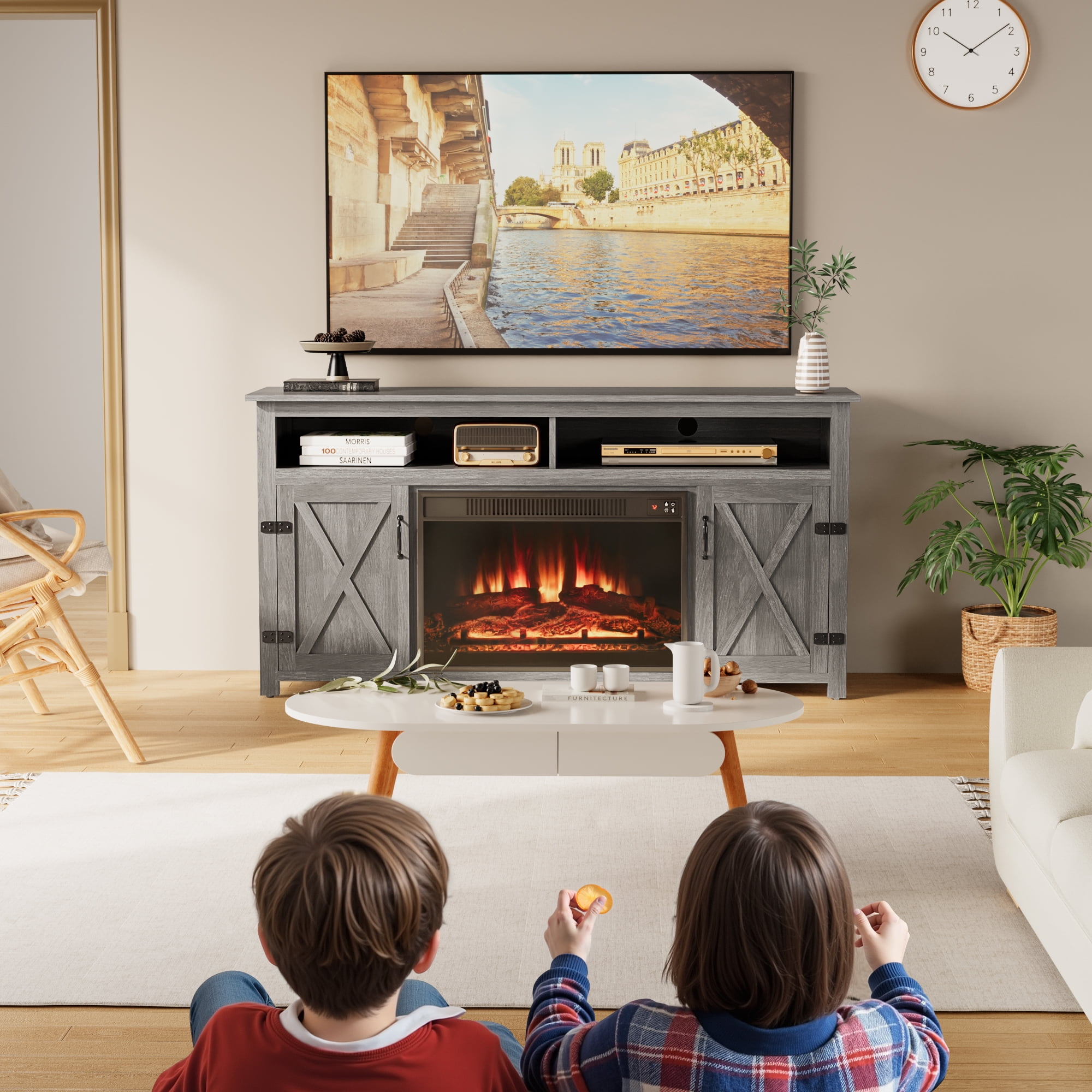 Homall Fireplace TV Stand in Wood Gray - Adjustable Shelves & Large Storage Entertainment Center