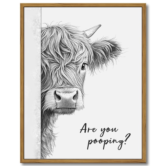 Drsoum Funny Highland Cow Bathroom Wall Art Rustic Farmhouse Wall Decor with Humorous Are You Pooping Canvas Print Cute Animal Canvas Art for Restroom 11x14in Brown Framed