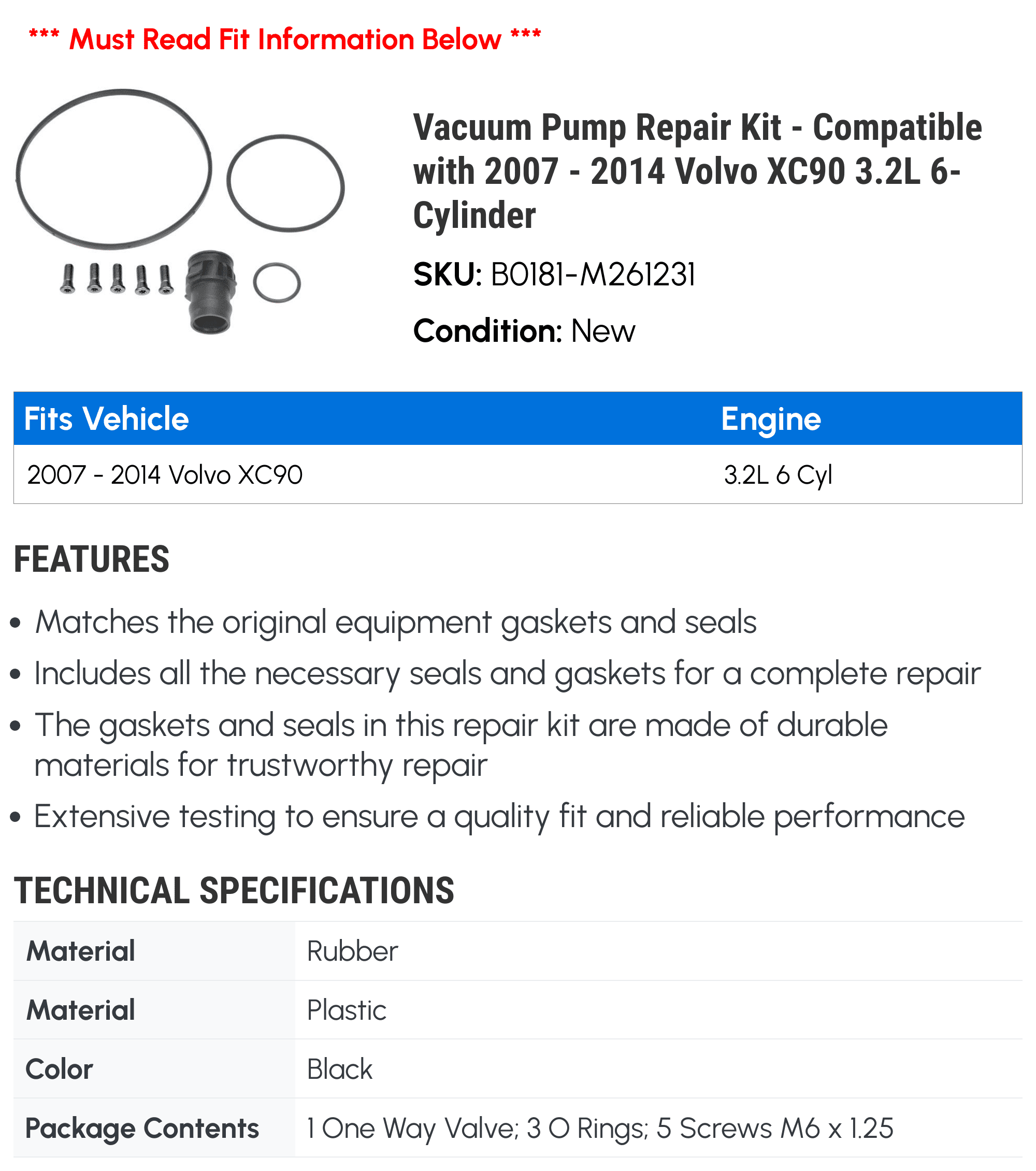 Vacuum Pump Repair Kit - Compatible with 2007 - 2014 Volvo XC90 3.2L 6-Cylinder 2008 2009 2010 2011 2012 2013