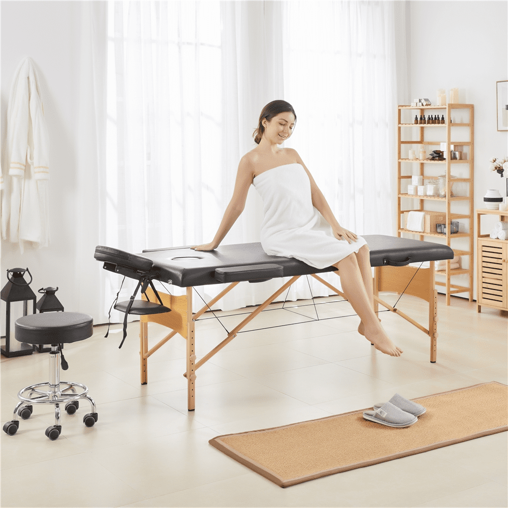Alden Design 2-Fold Portable Massage Table with Carry Case Bag for Spa Treatments, Black