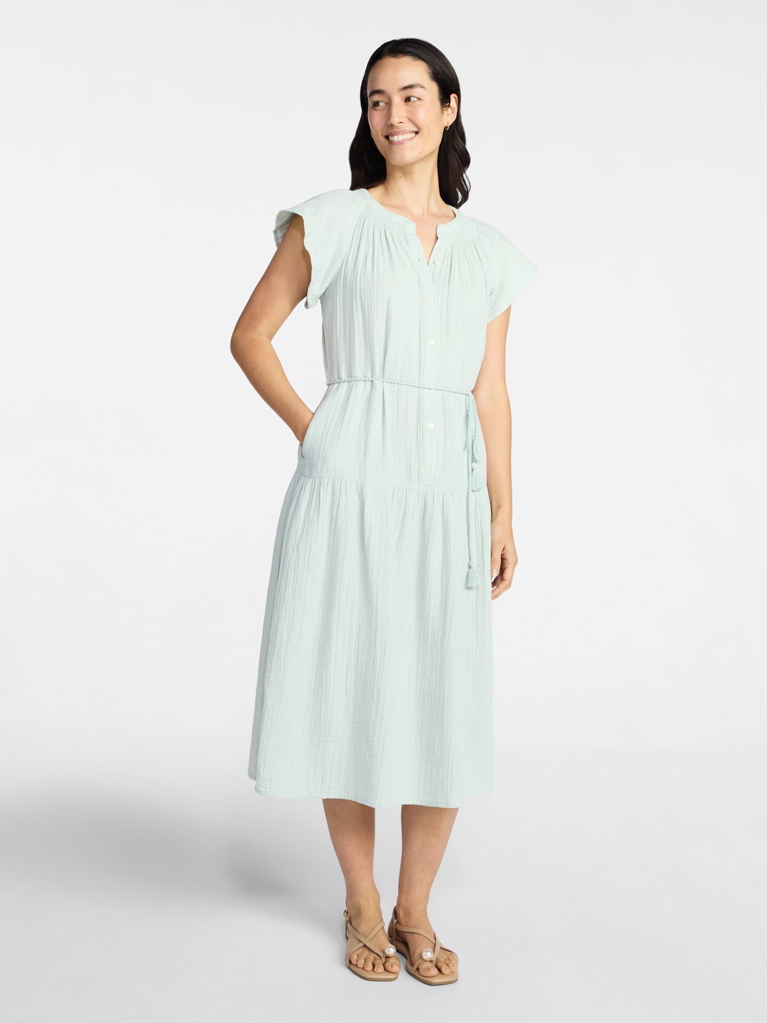 Time and Tru Women's Cotton Double Cloth Midi Dress with Short Flutter Sleeves, Sizes XS-XXXL