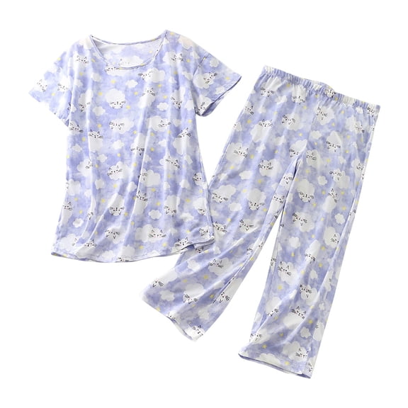 MEICHEN Lounge Set for Women Women's Cotton Pajama Set Cute 2 Piece Set Comfy Summer V Neck Short Sleeve Shirt Capri Sleepwear Women's Essentials Fashion Sleepwear