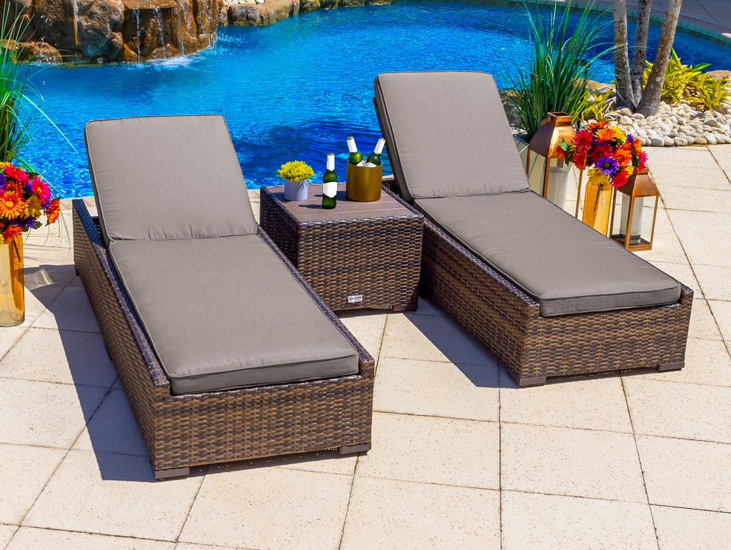 Sorrento 3-Piece Resin Wicker Outdoor Patio Furniture Chaise Lounge Set in Brown w/ Two Chaise Lounge Chairs and Side Table (Flat-Weave Brown Wicker, Sunbrella Canvas Taupe) - image 1 of 5