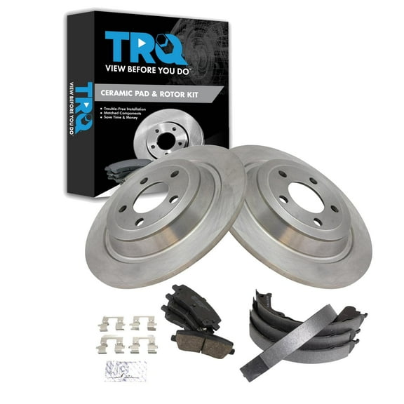 TRQ Rear Brake Pad & Rotor Kit Brake Pads Brake Rotor Parking Brake Shoe Set Ceramic Fits Select 2015-2020 Ford Mustang