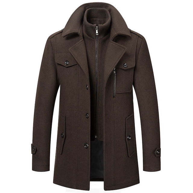 abrigo de lana de invierno para hombre, abrigo de lana de cuello doble informal para hombre entallado color dark brown con vista frontal centrada; cuello clásico con muesca y solapa, cierre frontal con botones, forro interior con cremallera tipo cuello alto, bolsillos laterales con tapeta, bolsillo de pecho con cremallera y mangas largas con tiras abotonadas, fondo blanco, ideal para uso diario y salidas de fin de semana y a menudo usado para looks formales informales.