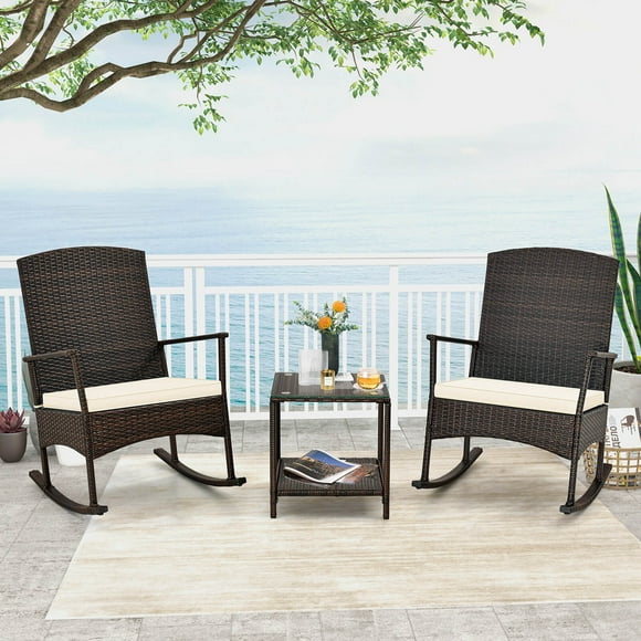 Costway 3 Piece Patio Rocking Set Wicker Rocking Chairs with 2-Tier Coffee Table Off White