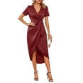 thumbnail image 2 of Women's Pleated Midi Dress, V Neck Short Sleeve Satin Slim Fit Dress, Glamorous Dress for Cocktail Party or Dinner, Wine - S, 2 of 8