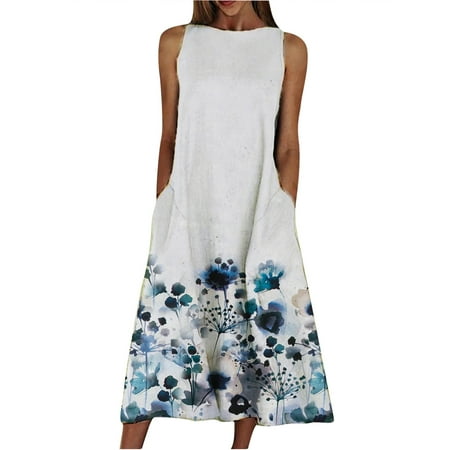 

jsaierl Summer Dresses for Women Prints Comfy Summer O-Neck Ladies Pockets Sleeveless Dresses for women 2023
