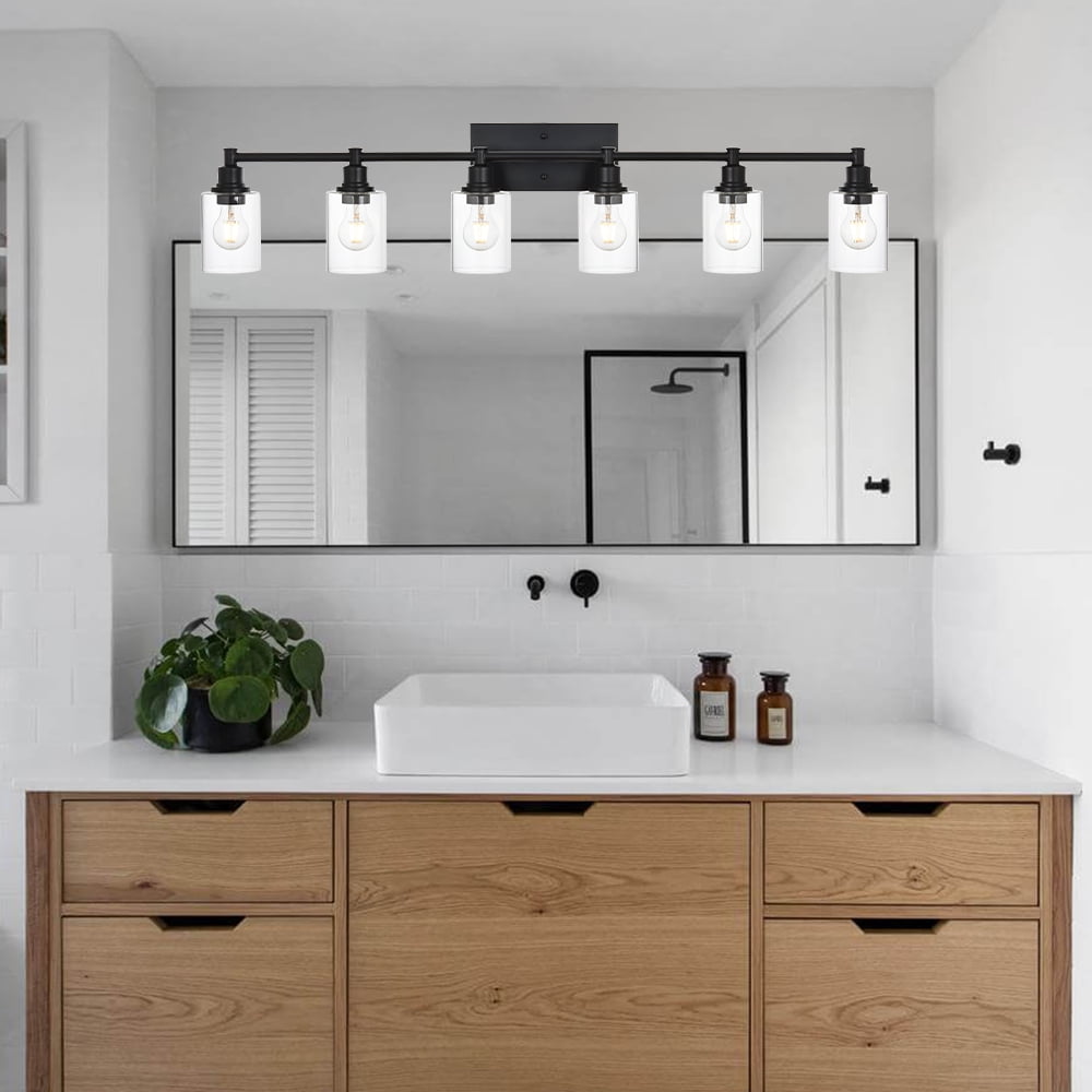 Melucee Modern Bathroom Light Fixtures, 6 Light Vanity Lights, Black Wall Lamp with Clear Glass for Bathroom