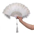 thumbnail image 1 of 2025 Embroidered Flower Feather Fan with Fringe Pendant, 1920s Vintage Style Flapper Hand Fan for Costume Party Dancing-White, 1 of 3