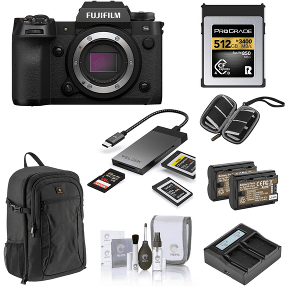 Fujifilm X-H2S Mirrorless Camera, Black - Bundle with 512GB CFexpress Card, CF express card reader, Extra Batteries, Dual Charger, Backpack, Screen Protector, SD Card Case, Cleaning Kit