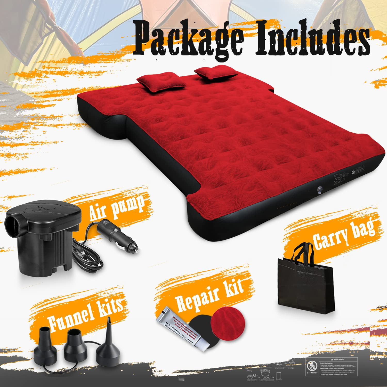 Truck Bed Air Mattress for 5.5'-5.8' Full Size Short Truck Bed Inflatable Camping Mattress with Pump & Carry Bag, Red