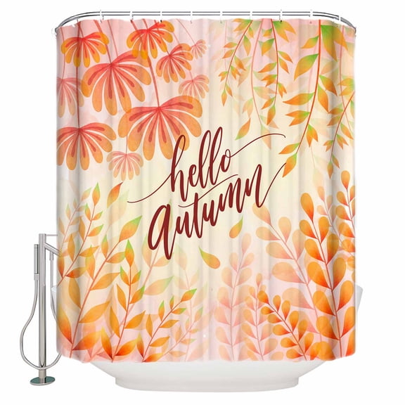 Fabric Shower Curtain Fall Hello Autumn Leaf Plant Thanksgiving Shower Curtains with 12 Hooks Waterproof Machine Washable Bath Curtains for Bathroom, 72 x 96in