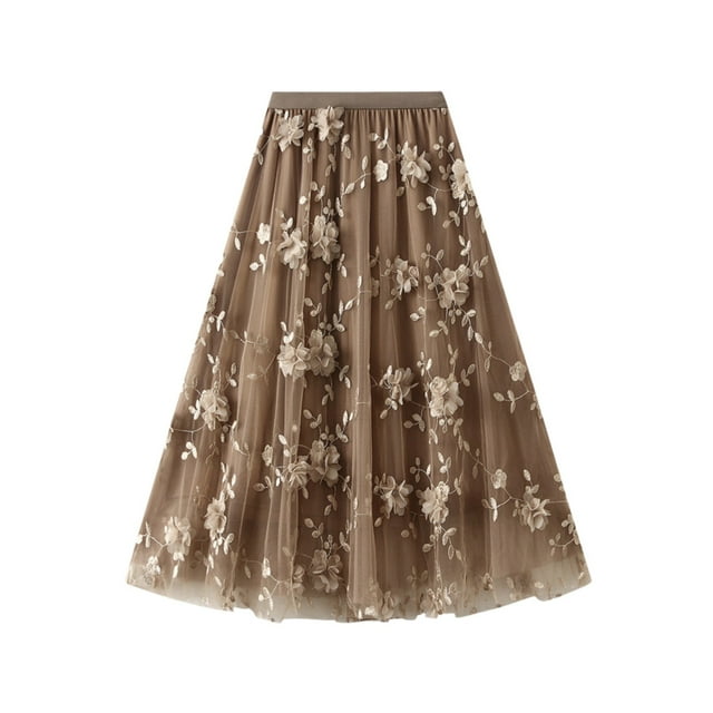 SHIXIAOO Women's Mesh Embroidery Heavy Industry Skirt Plus Size Skirt a Line Literary High Waist Long Skirt Rhinestone Fringe Skirt Womens Denim Skirt Rip Skirt Length 2 Teen Skirts Rhinestone Skirt