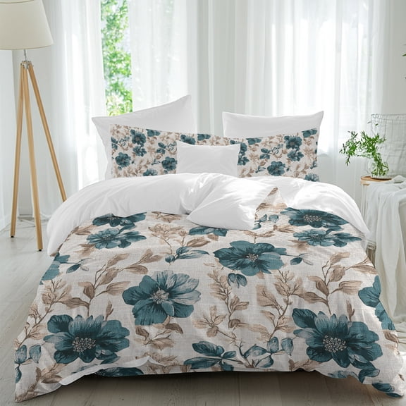 Teal Floral Comforter Set Twin Size, Vintage Flower Botanical Brown Leaves Classic Soft Bedding Set for Man Woman, 4 Pieces Duvet Cover Set with Flat Sheet, 2 Pillowcases