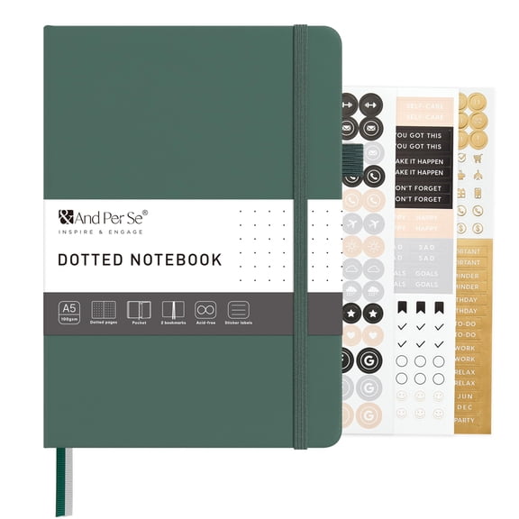 And Per Se Dotted Journal – A5 Hardcover, Dot Grid Notebook for Planning & Journaling, 160 Pages 100gsm Paper, Stickers - 5.7”x8” (Dark Green)