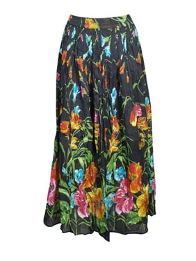 Mogul Women Gypsy Black Long Skirt Floral Print Cotton Tiered Summer Beach Maxi Skirt S/M