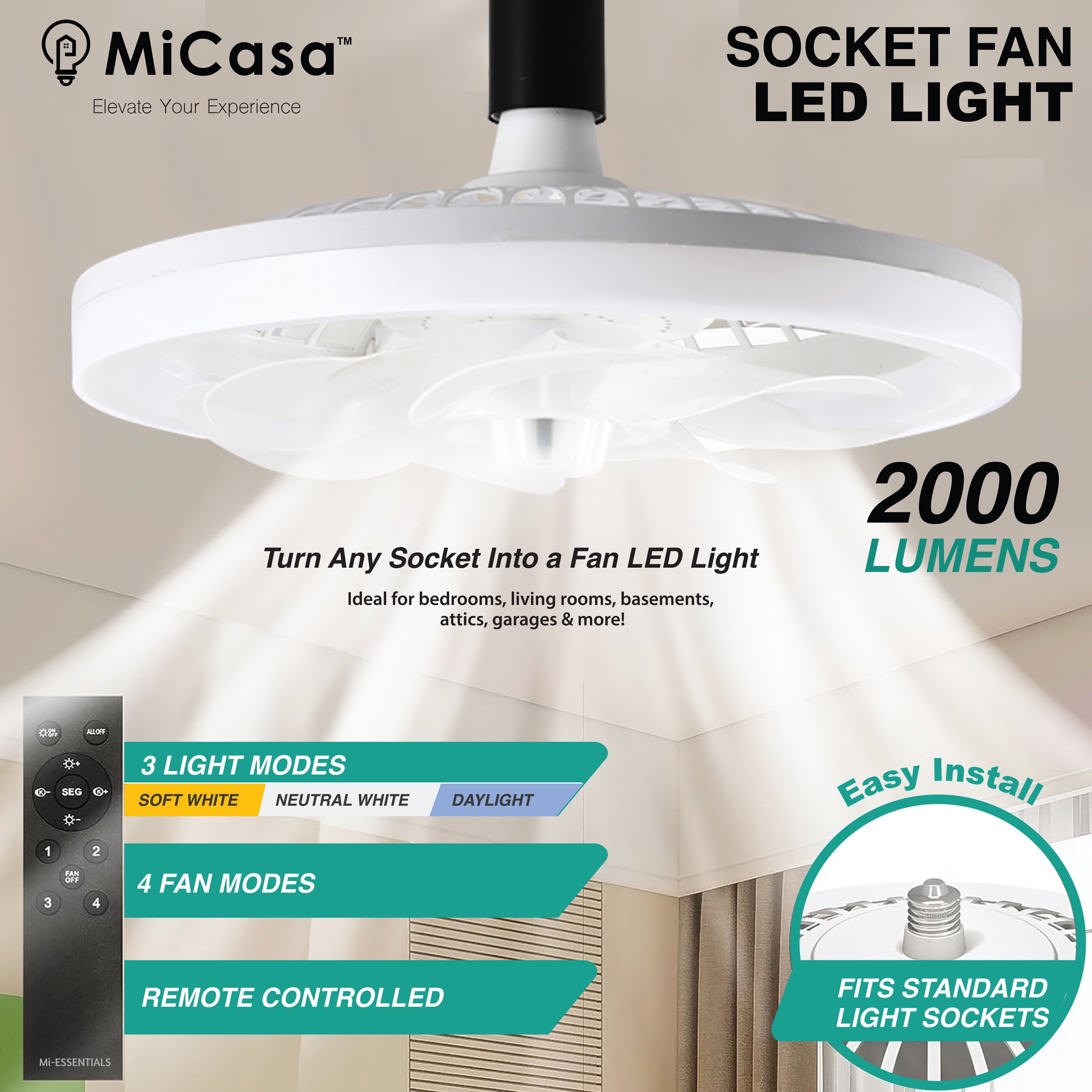 MI TAG Socket Fan LED Light , Screw-in ceiling fan with light, remote controlled socket fan light