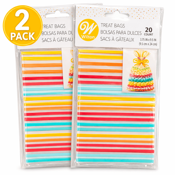 Wilton Striped Treat Bags, Yellow Orange Red & Blue, 3.75 x 9.5 in, 20 Bags Per Pack – 2 Pack (40 Bags Total)