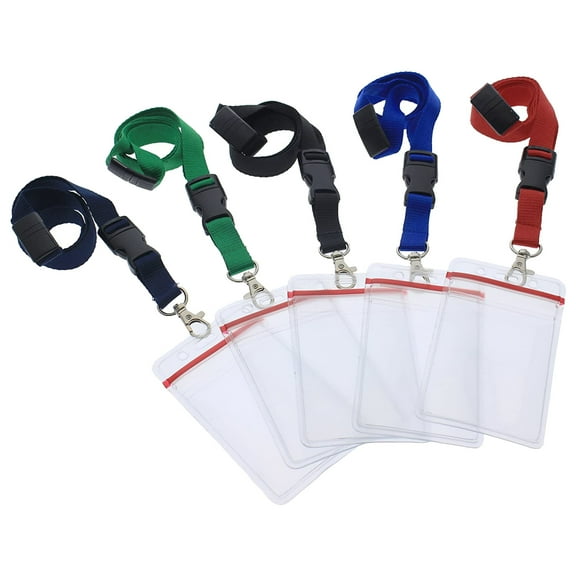 5 Pack Premium Quick Release Lanyards with Detachable Buckle & Heavy Duty Waterproof Badge Holders by Specialist ID (Assorted Colors)