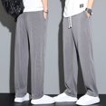 thumbnail image 1 of Men Pants Mid-Rise Elastic Waistband Sweatpants Drawstring Pocket Wide Leg Ribbed Ultra-Thin Ice Silk Casual Trousers Streetwear, 1 of 5