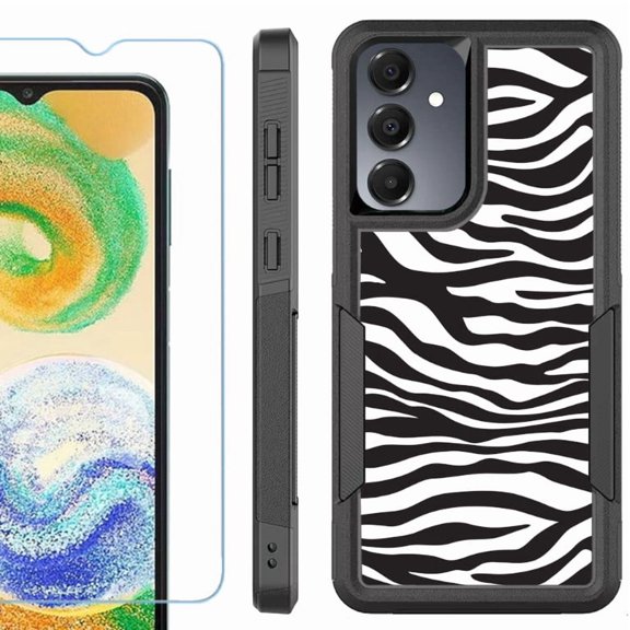Heavy Duty Dual Layer Hybrid Phone Case for Samsung Galaxy S24 FE 5G with Tempered Glass Screen Protector, by OneToughShield - Zebra B/W