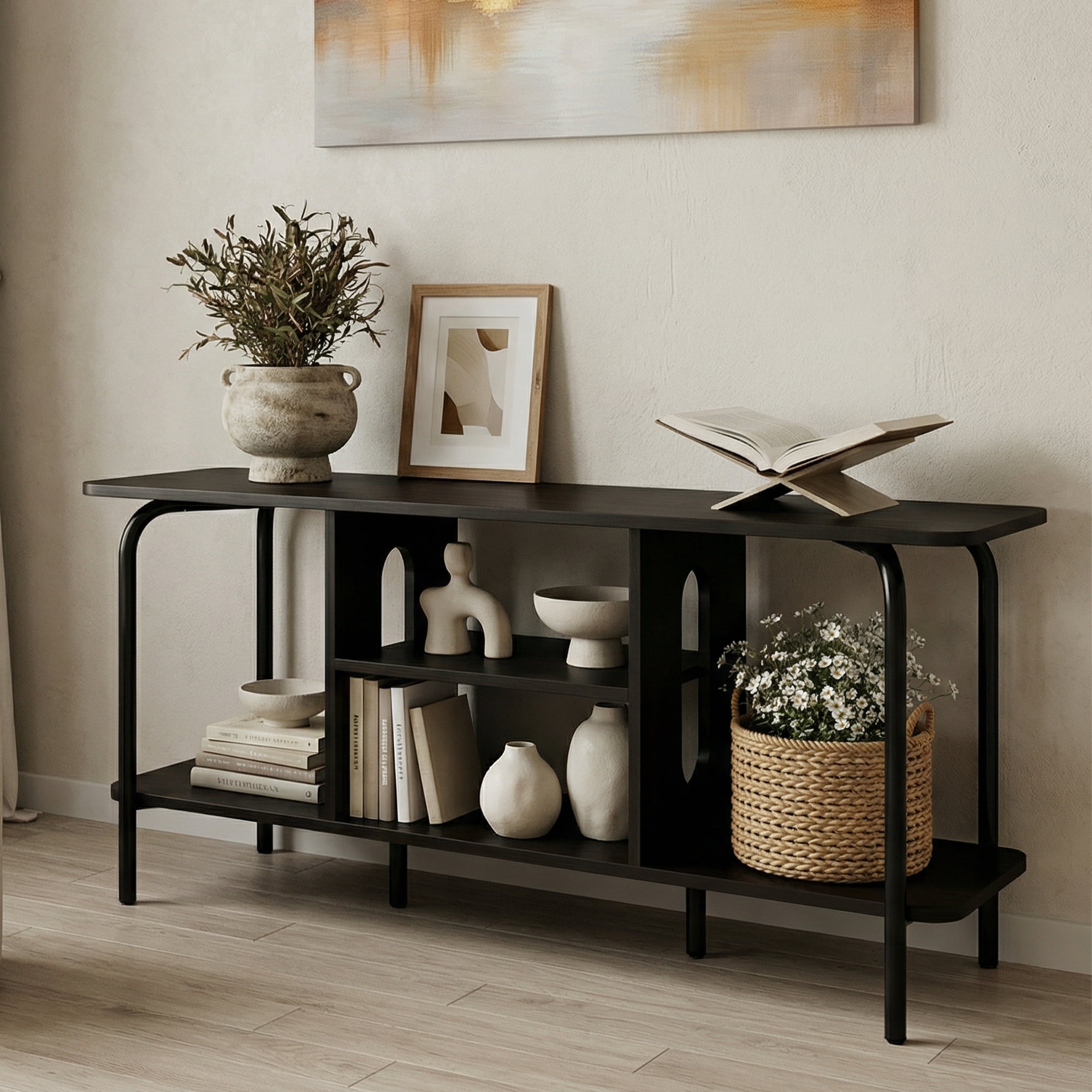 Manxile TV Stand for 55 inch, Modern Entertainment Center 3-Tier TV Console Table with Open Shelf for Living Room,Black