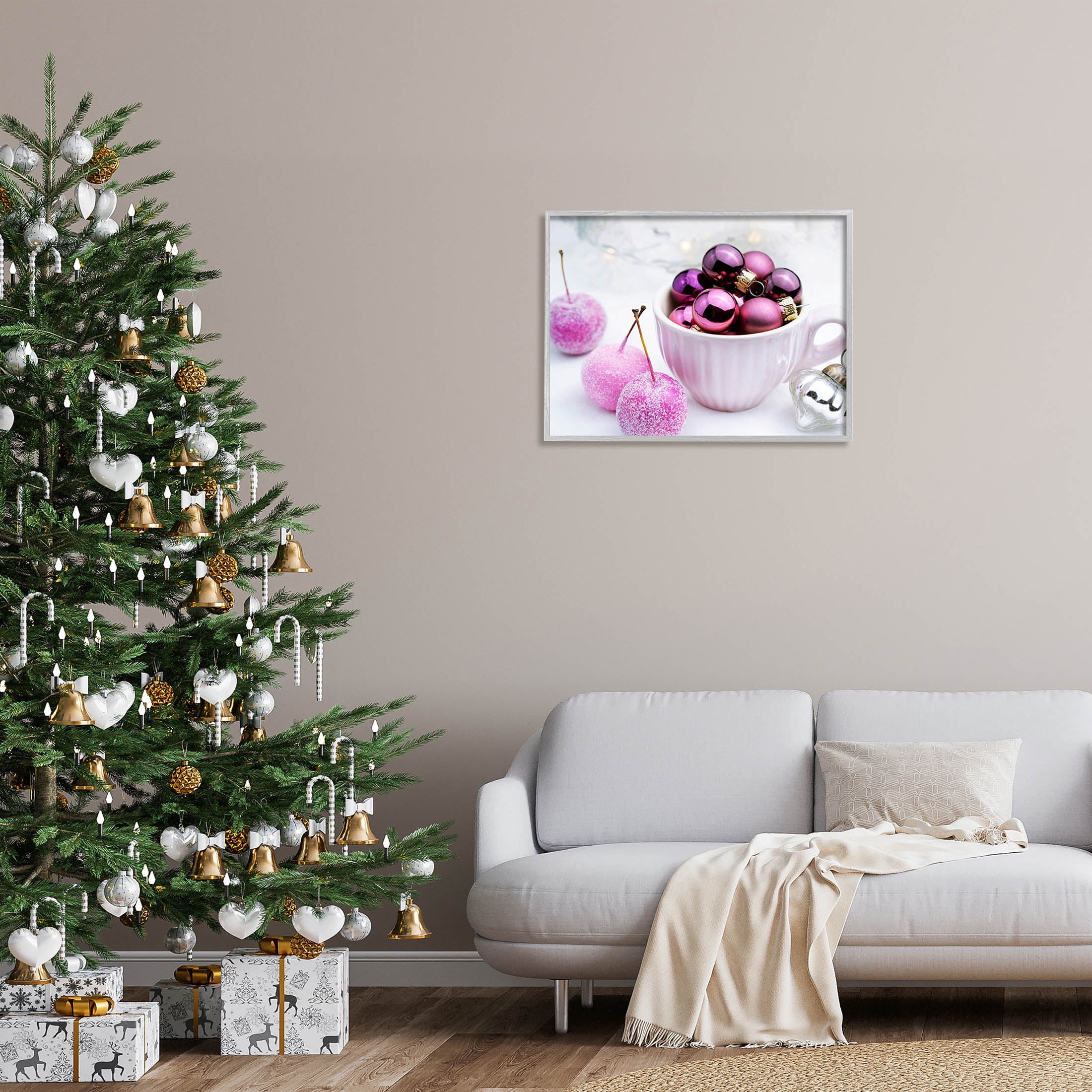 Glimmering Pink Christmas Ornaments Holiday Photograph Gray Framed Art Print Wall Art