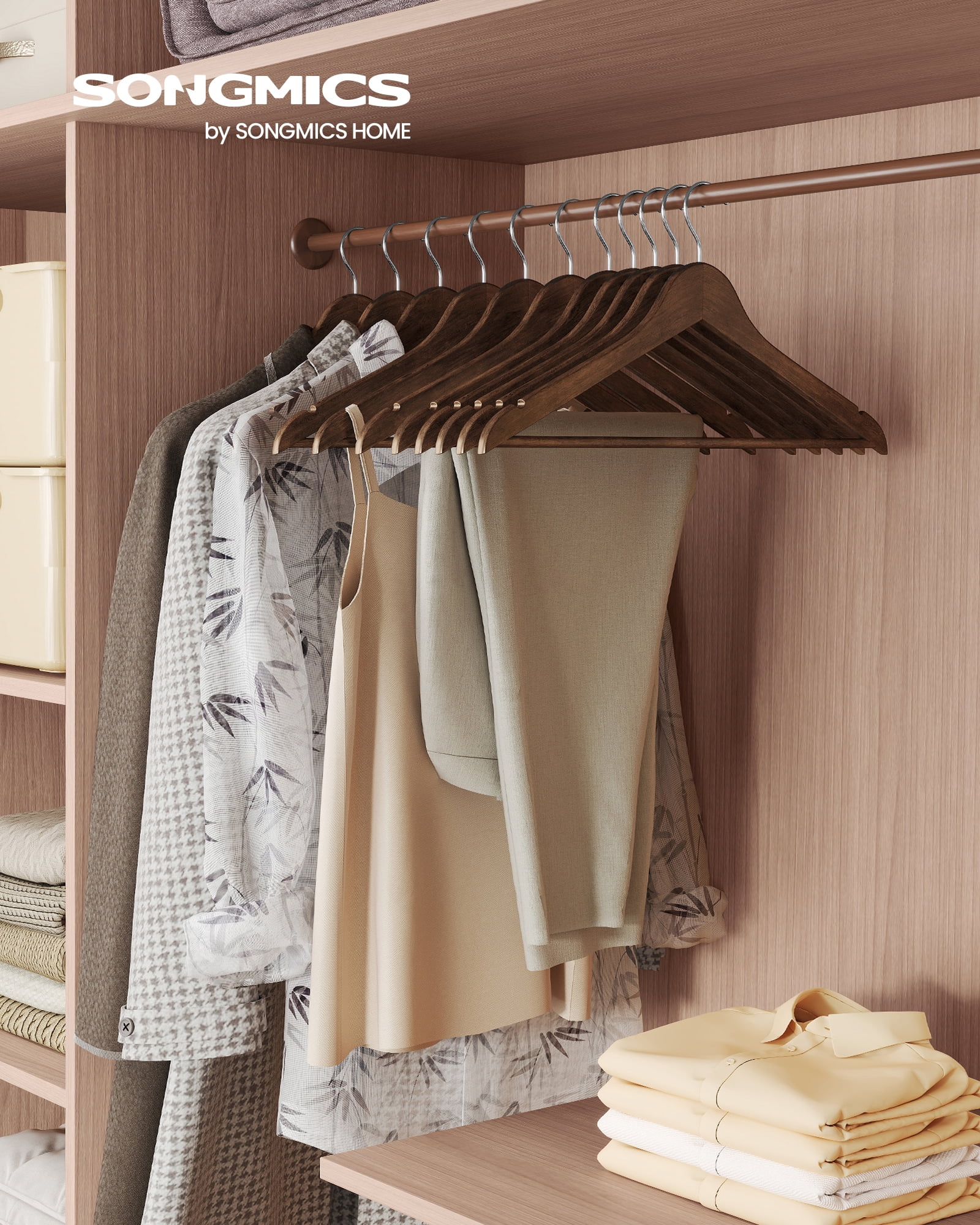 30-Pack Solid Birch Wood Hangers with Pants Bar & 360° Swivel Hooks, Space Saving Closet Organizers for Jackets Coats, Walnut Brown