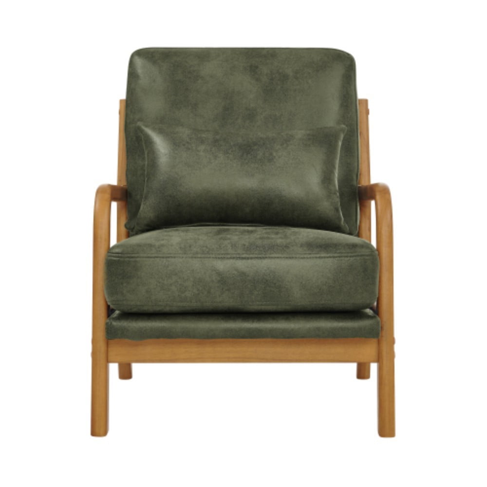 Wooden Lounge Chair, Modern Upholstered Accent Chair with Solid Wood Armrests, High-Density Foam Cushion, Reclined Backrest for Living Room, Bedroom & Office, Olive Green