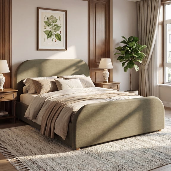 Christopher Knight Home Queen Size Bed Frame With Linen Upholstered Curved Headboard, Solid Wood Legs, Green