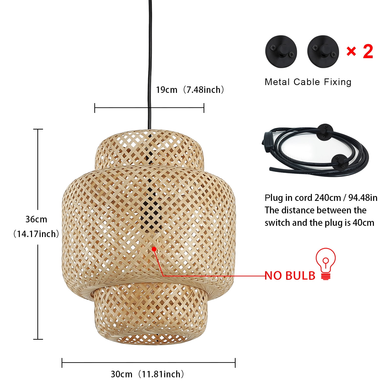 Injak Hand Woven Bamboo Pendant Lighting for Kitchen Island, Plug in Cord Wicker Ceiling Hanging Lamp, Rattan Basket Chandelier Fixture for Living Room Dining Room Restaurant (Cake Lampshape)