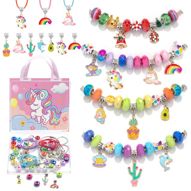 Kit para hacer pulseras con dijes para niñas, kit de pulsera con dijes de unicornio para niños, suministros de joyería, kit para hacer manualidades, regalo de cumpleaños creativo