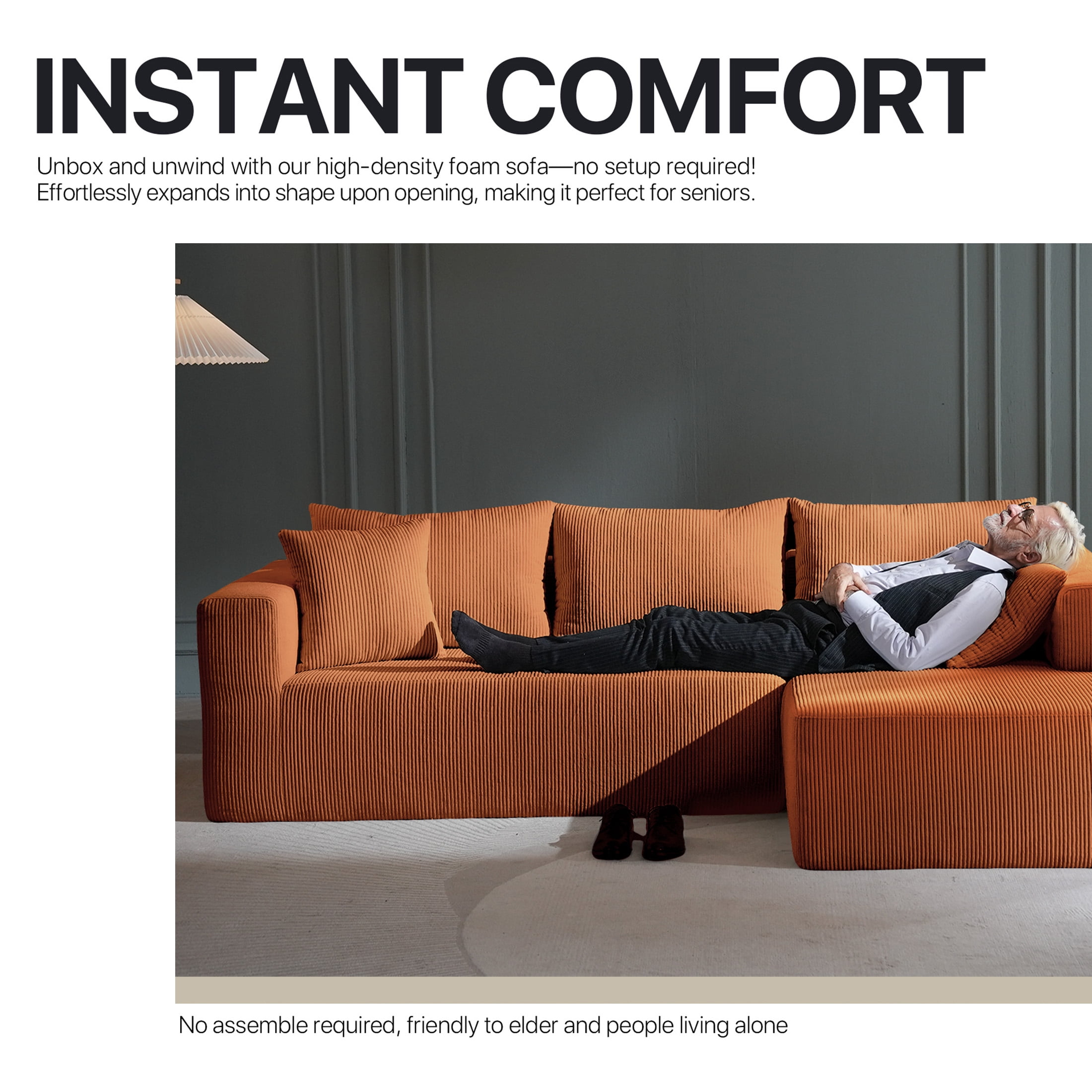Focalsweet 107" L-Shaped Sofa Couch, Modular Sectional Living Room Sofa Set, Corduroy, No Assembly, Orange