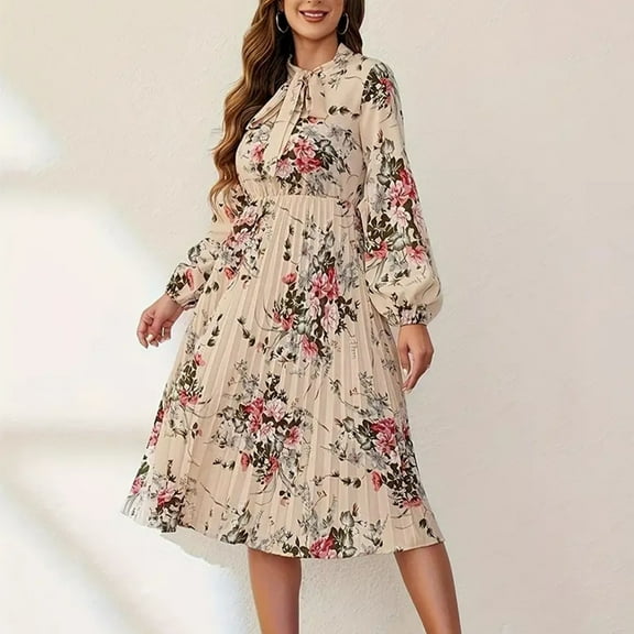 Njagoc3 2025 Casual Color Printed Bow Tie Tied Long Sleeved Design With A High Neck Stand Up Collar And Waist Cinching, Fresh And Elegant Dress For Womens