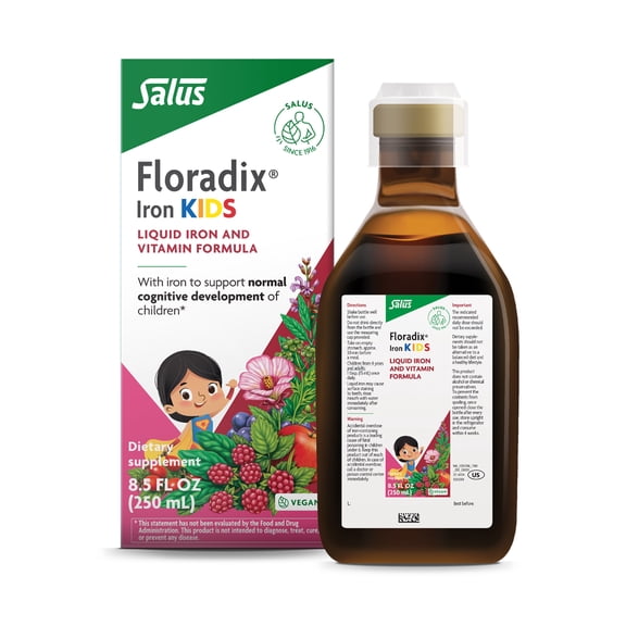 Salus Floradix Iron Kids - Liquid Iron & Vitamin Formula - Children's Supplement with C & B Vitamins - Vegan - Raspberry-Vanilla Flavor - 8.5 fl oz
